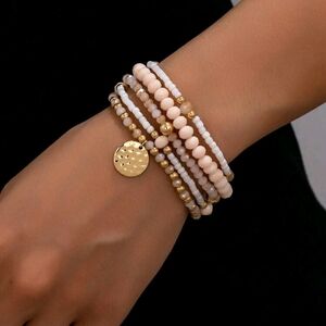A006 Elegant Gold, White, and Cream Beaded 5 Piece Bracelet Set